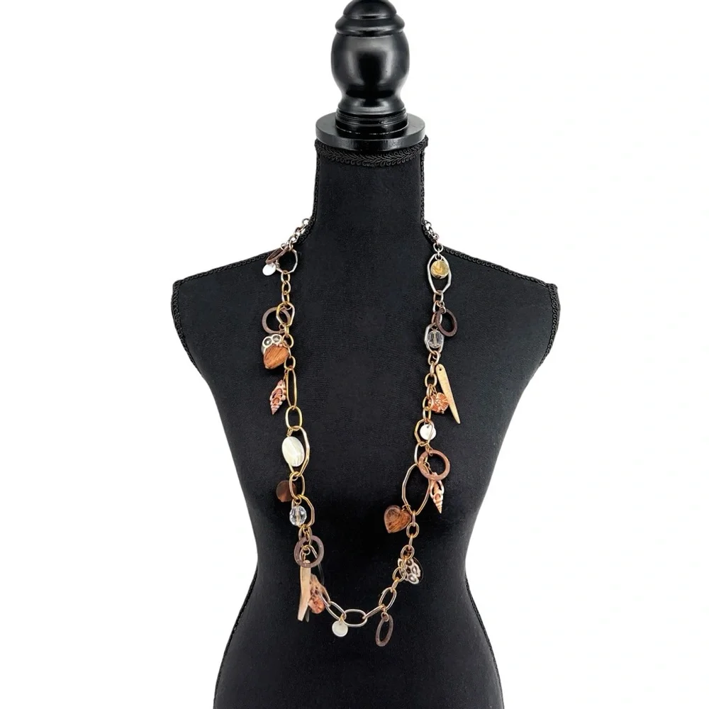 Vtg RJ Graziano Beachy Chain Link Charm Necklace Natural Worn Gold Plated Tribal